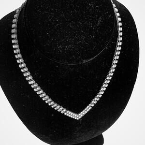 Unsigned Silvertone and White Rhinestone Art Deco V- (Y-) Necklace